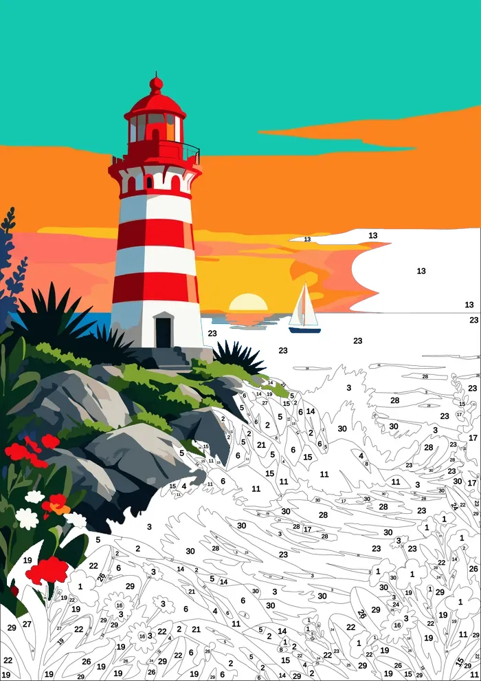 Lighthouse — half painted, showing the numbered scheme