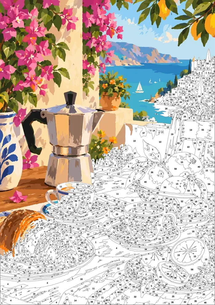 Moka and Oranges — half painted, showing the numbered scheme
