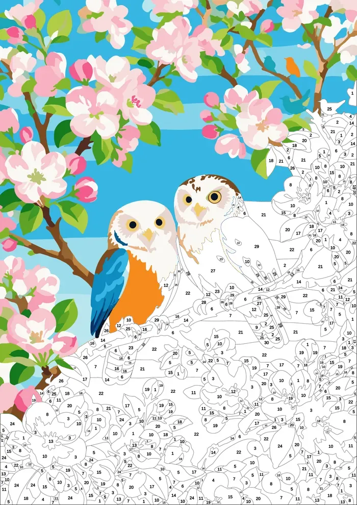 Owls in Blossom — half painted, showing the numbered scheme