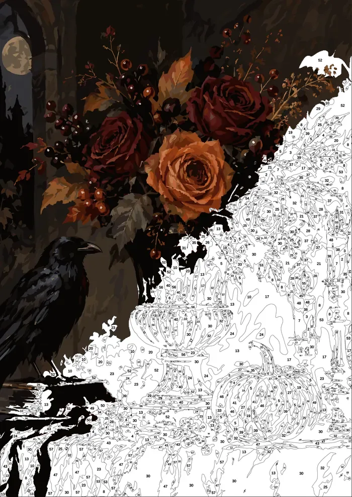 Roses and the Raven — half painted, showing the numbered scheme