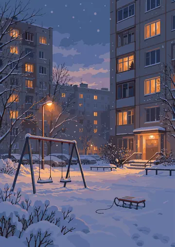 Snowy Courtyard Swings — finished page