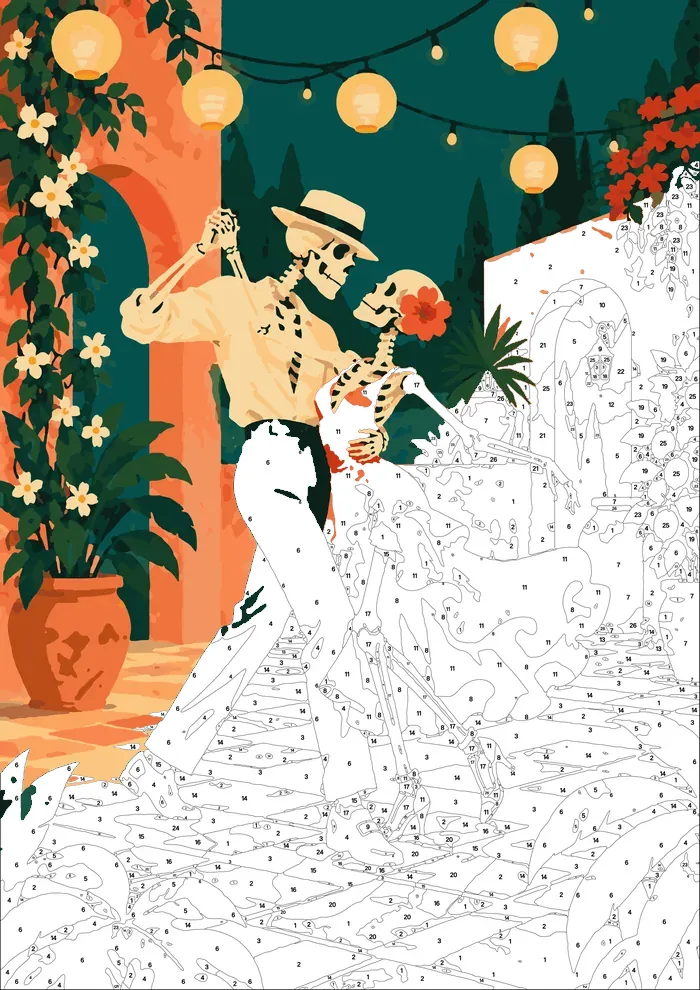 Skeleton Sweethearts — half painted, showing the numbered scheme