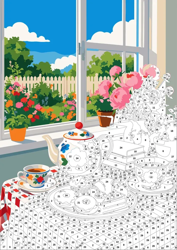 Tea Still Life — half painted, showing the numbered scheme
