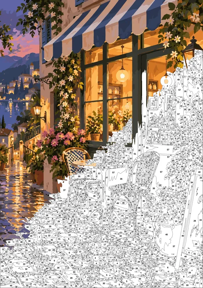 Terrace After Rain — half painted, showing the numbered scheme