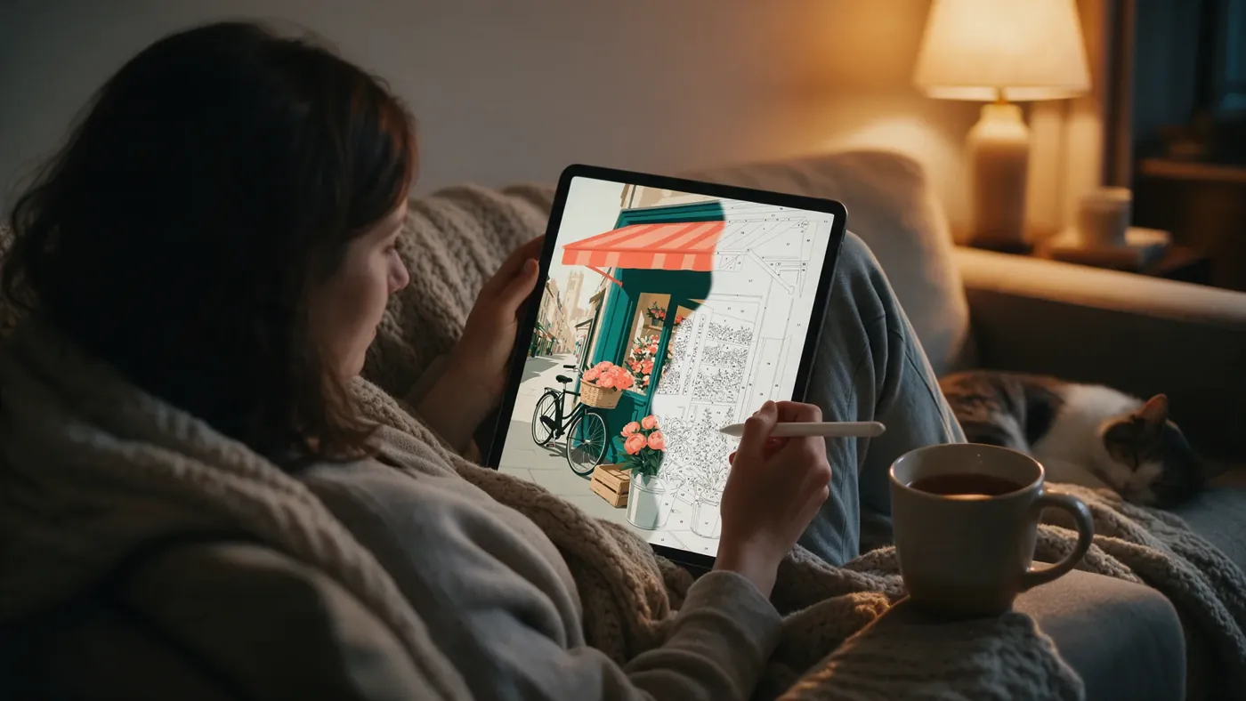 Painting a flower shop page on an iPad on the sofa, a cat asleep nearby